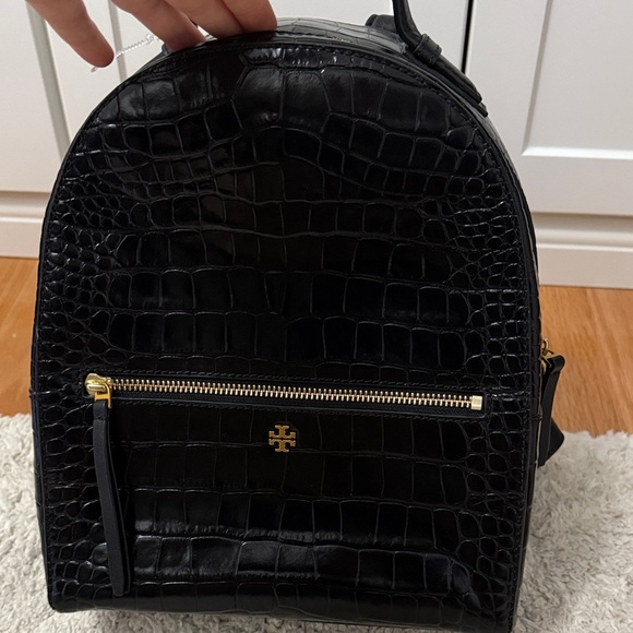 NWOT Tory Burch Black Croc-Embossed Mini Backpack with Gold Details - Picture 2 of 11